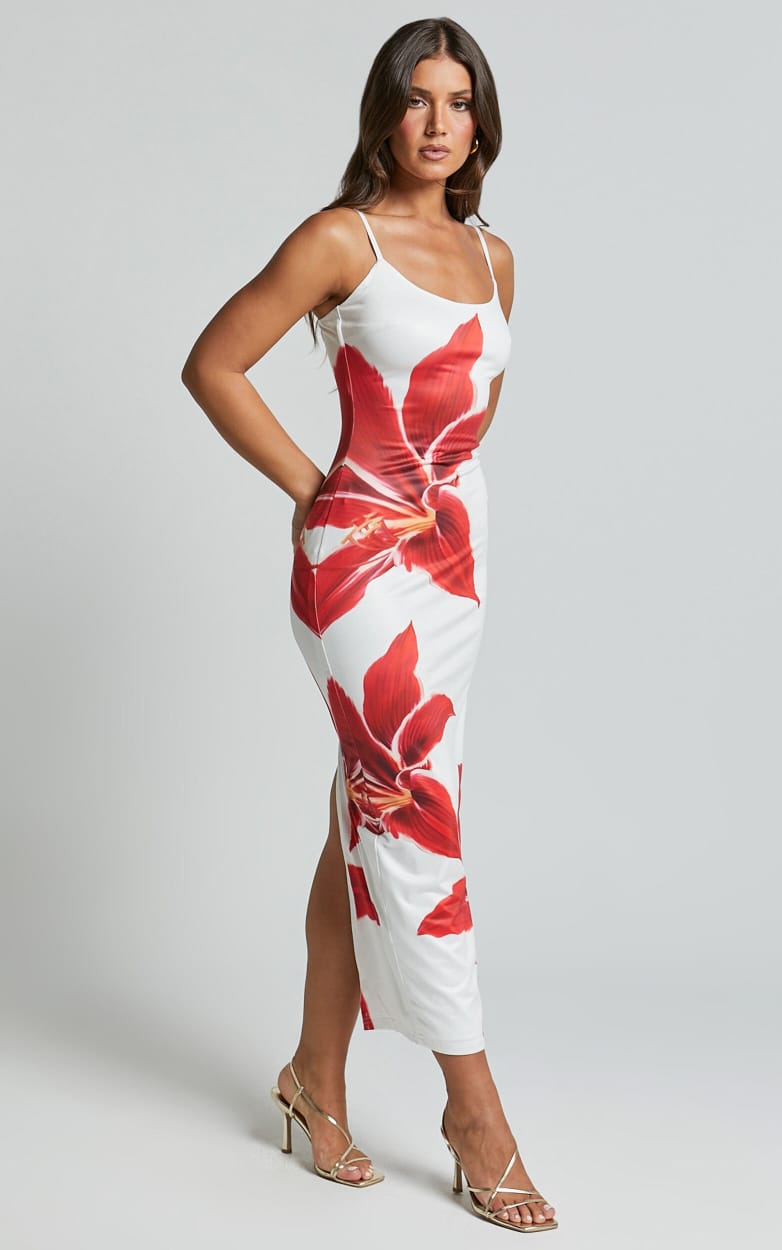 White Harper floral midi dress with red lily print and thin spaghetti straps, front view.