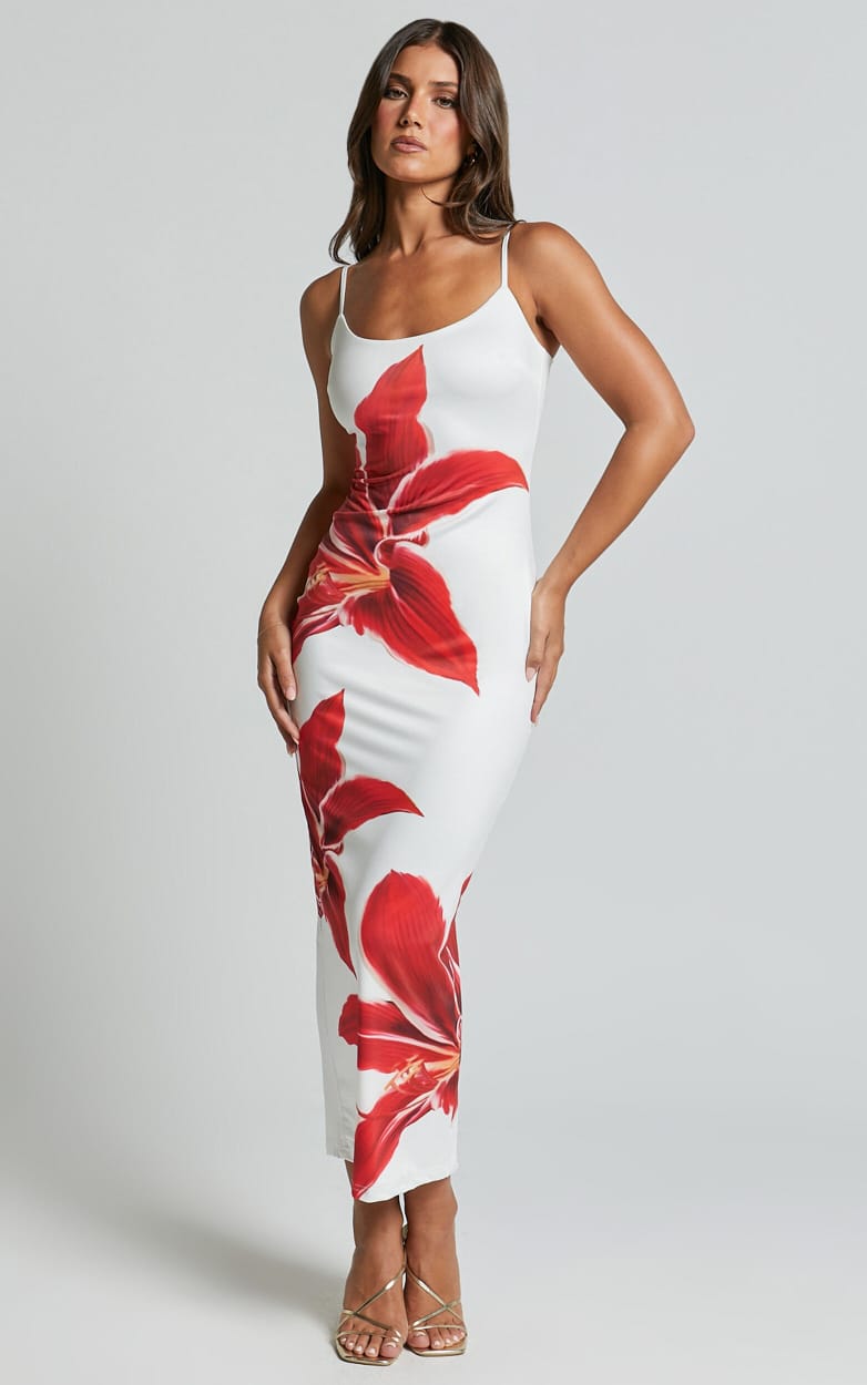 White Harper floral midi dress with red lily print and thin spaghetti straps, front view.