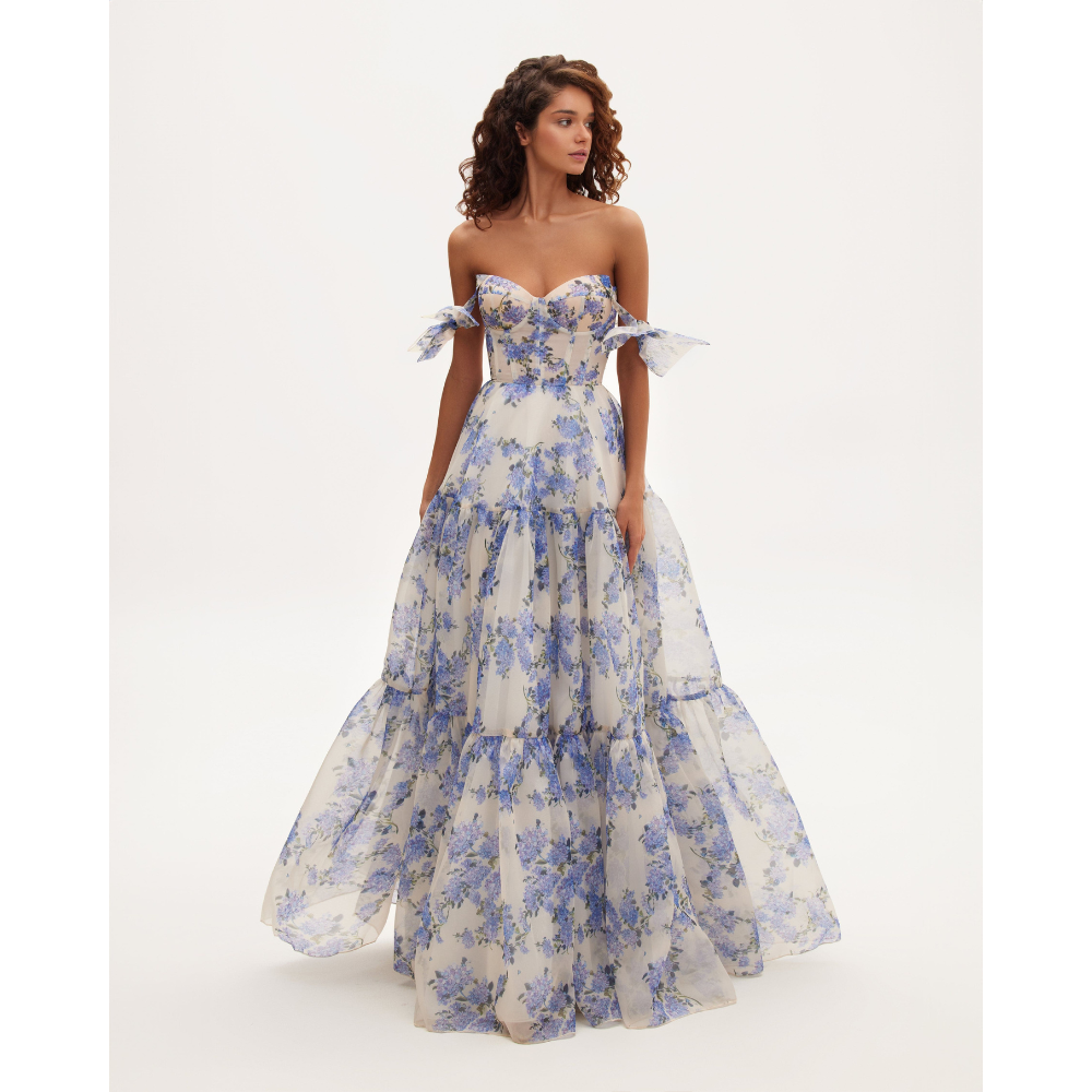 White and blue floral corset maxi dress with off-shoulder bow straps for women