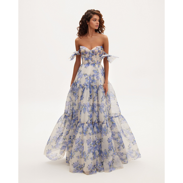 White and blue floral corset maxi dress with off-shoulder bow straps for women