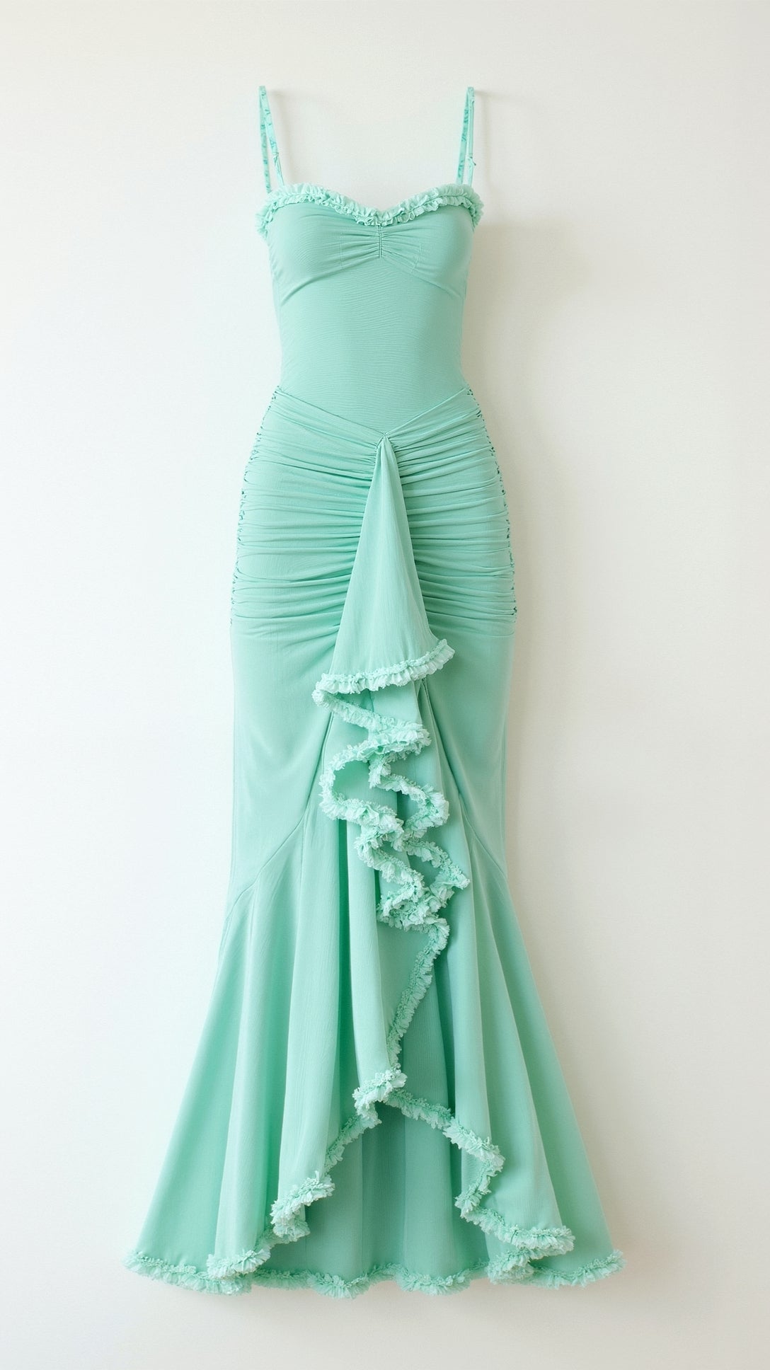 Front view of a light mint green Isla Ruffle Maxi Dress with a central cascading ruffle and ruched bodice on a white background.