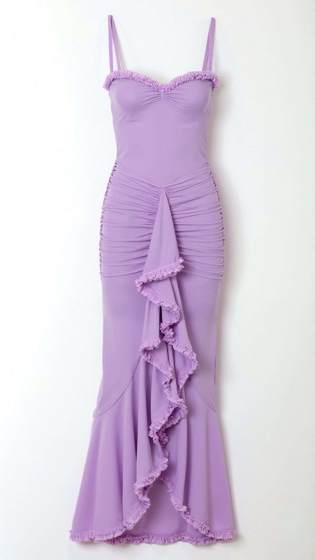 Front view of a lavender Isla Ruffle Maxi Dress showcasing the cascading ruffle detail and fitted silhouette against a white wall.