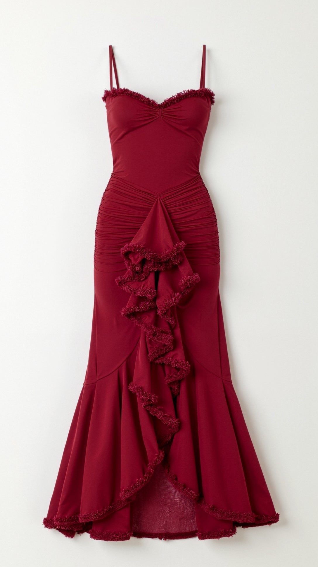 Front view of a deep red Isla Ruffle Maxi Dress with a prominent cascading ruffle and ruched bodice, displayed on a hanger.
