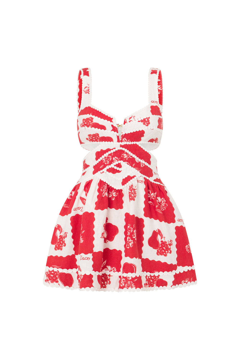 Front flat lay of the red and white Ivy Cutout Mini Dress, highlighting the square floral print and scalloped edges.