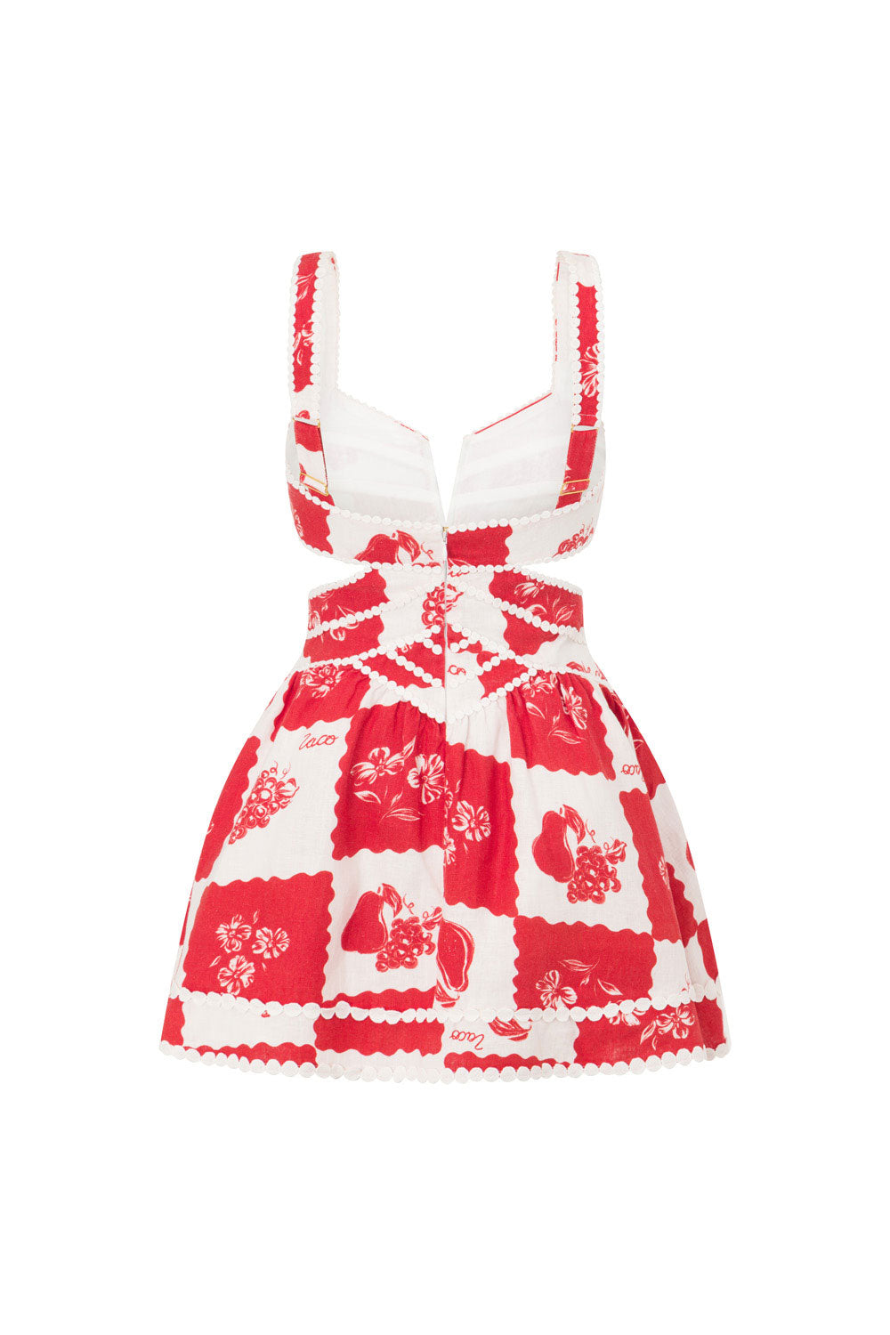 Back flat lay of the red and white Ivy Cutout Mini Dress, showing the smocked back panel and adjustable straps.