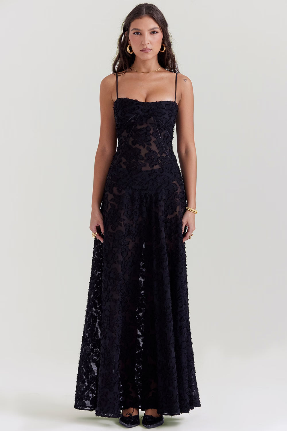 Elegant black Juliet Lace Maxi Dress with intricate floral lace details and a flattering sweetheart neckline.