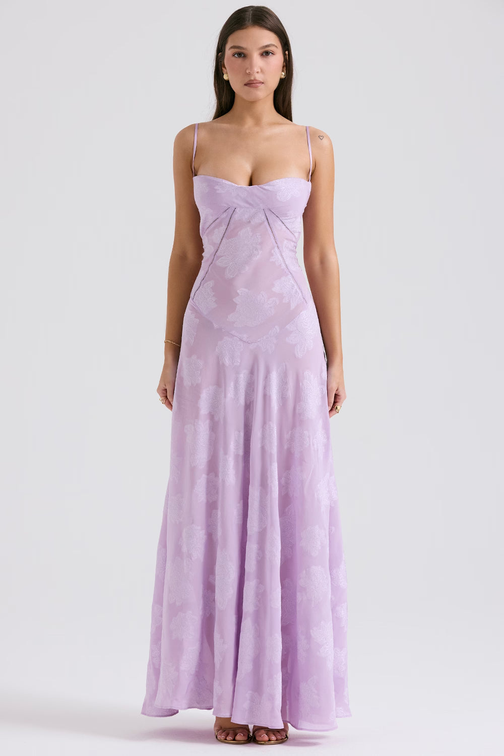Lavender Juliet Lace Maxi Dress showcasing a delicate floral lace design and a fitted bodice with thin straps.