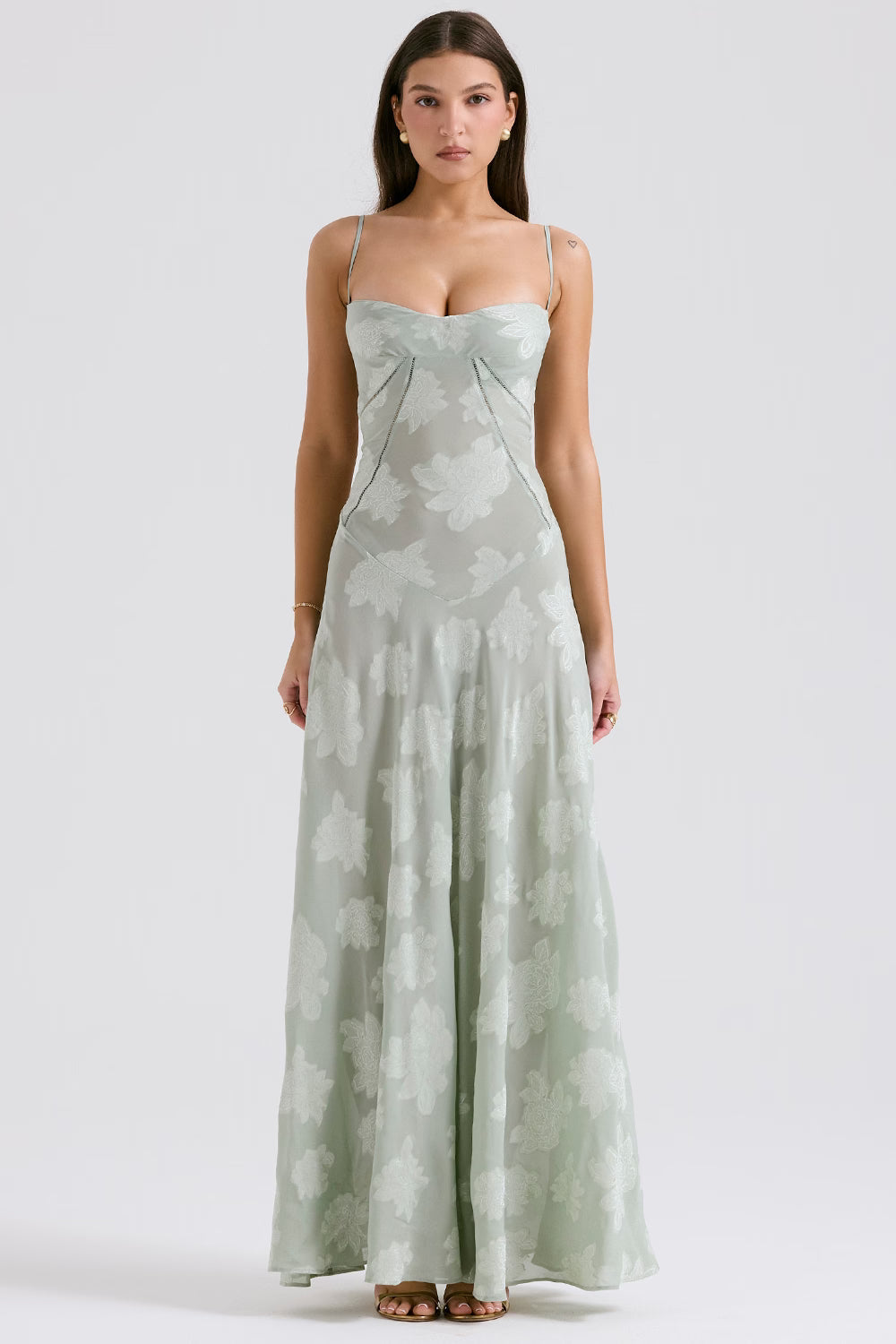 Mint green Juliet Lace Maxi Dress with a subtle floral lace pattern, sweetheart neckline, and spaghetti straps.