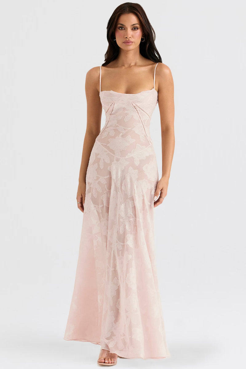 Full length view of a light pink Juliet Lace Maxi Dress with delicate floral lace overlay and spaghetti straps.