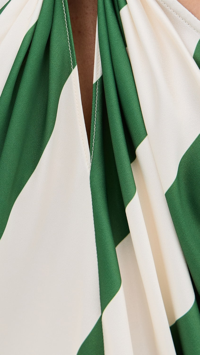 Detailed close-up of the fabric and stitching on the green and white striped June Stripe Maxi Dress, focusing on the neckline.