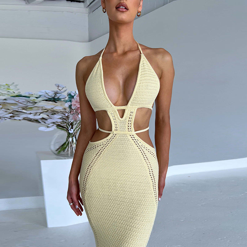 Light yellow Kara Cutout Maxi Dress featuring a deep V-neck and strategic side cutouts, highlighting the fitted silhouette of the knitted dress.