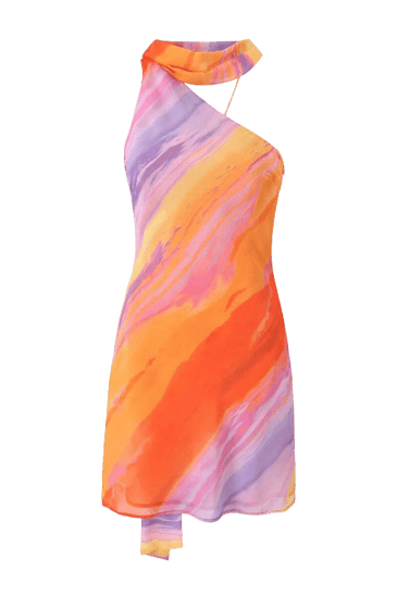 Kelsey abstract mini dress in a vibrant orange, pink, and purple swirl pattern, featuring a one-shoulder design with a high neck scarf.