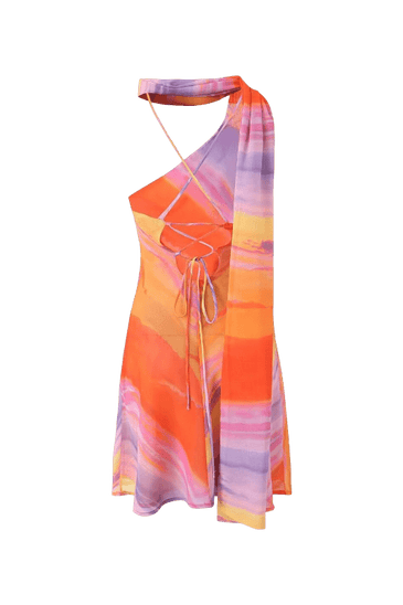Back view of the Kelsey abstract mini dress, showcasing the lace-up detailing on the back and the long, flowing scarf accent.