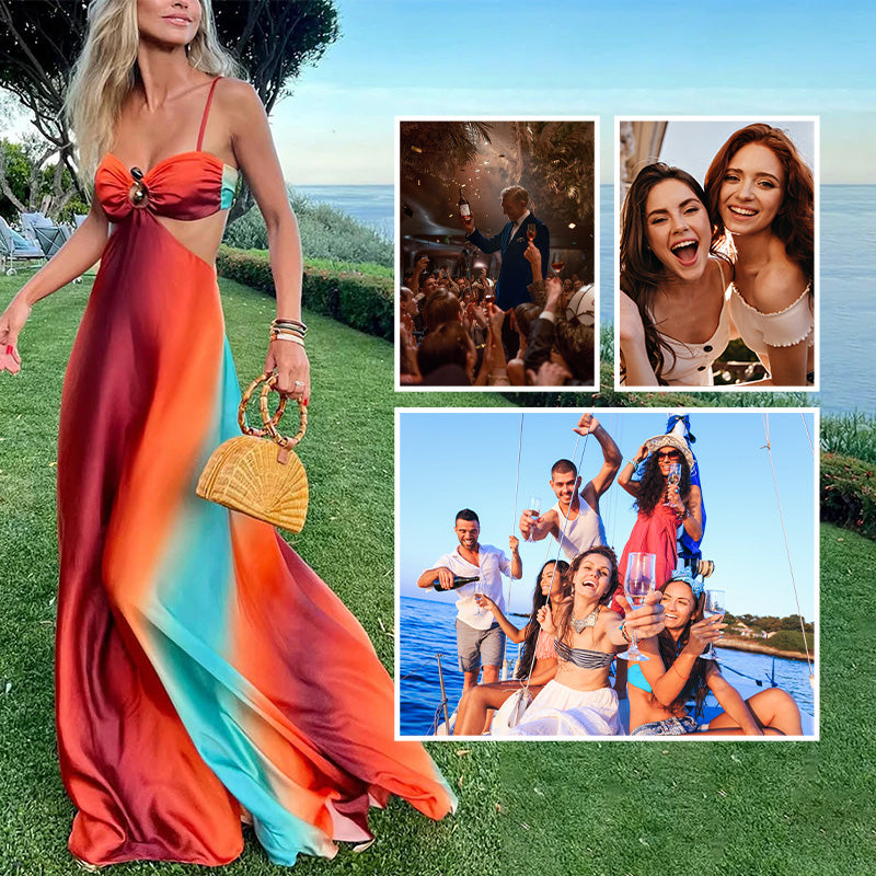 Collage showing the Kylie Cutout Maxi Dress worn by a woman outdoors, with inset images of people enjoying parties and celebrations, suggesting versatile wear.