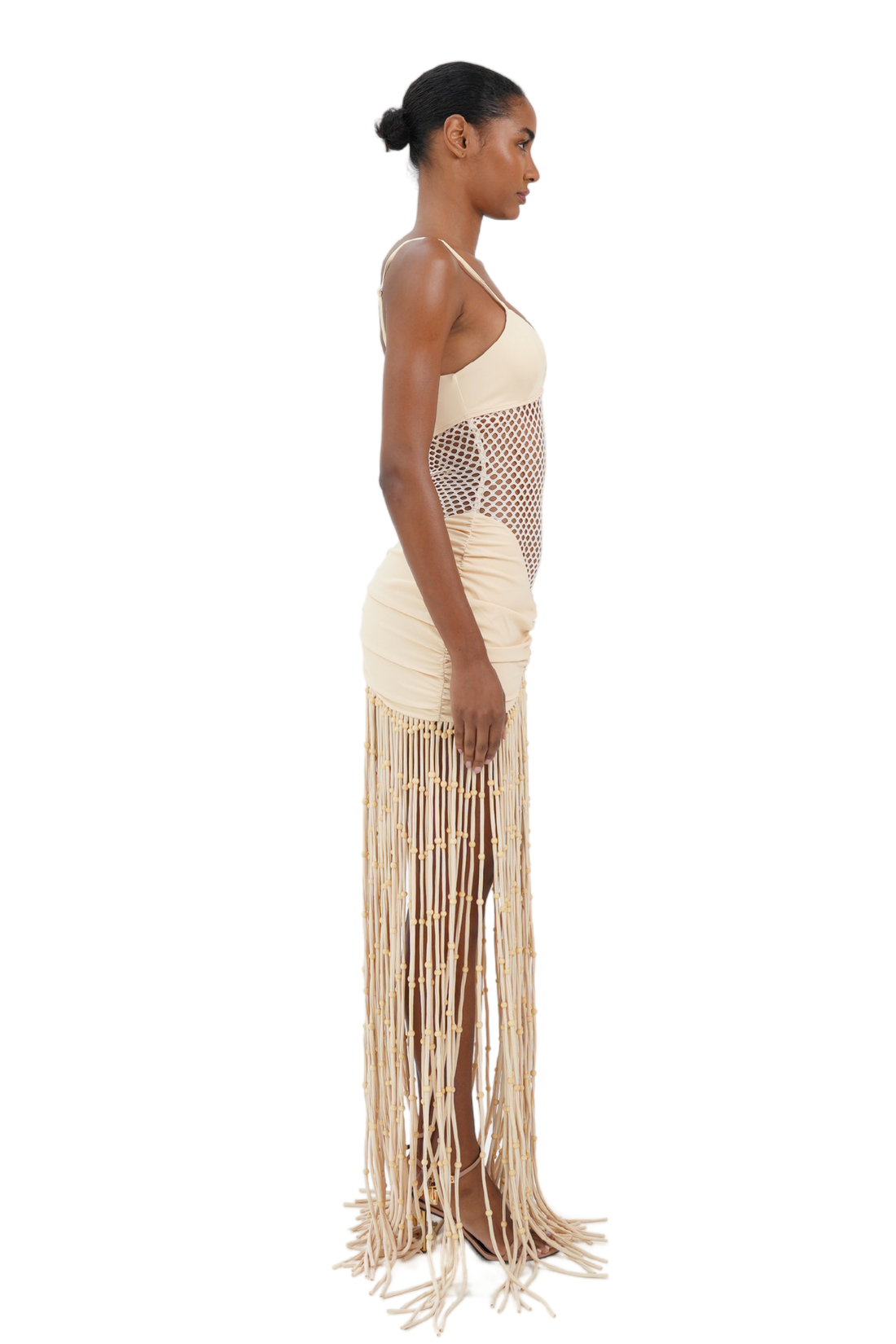 Cream maxi dress with plunging V-neckline and macrame fringe skirt for women