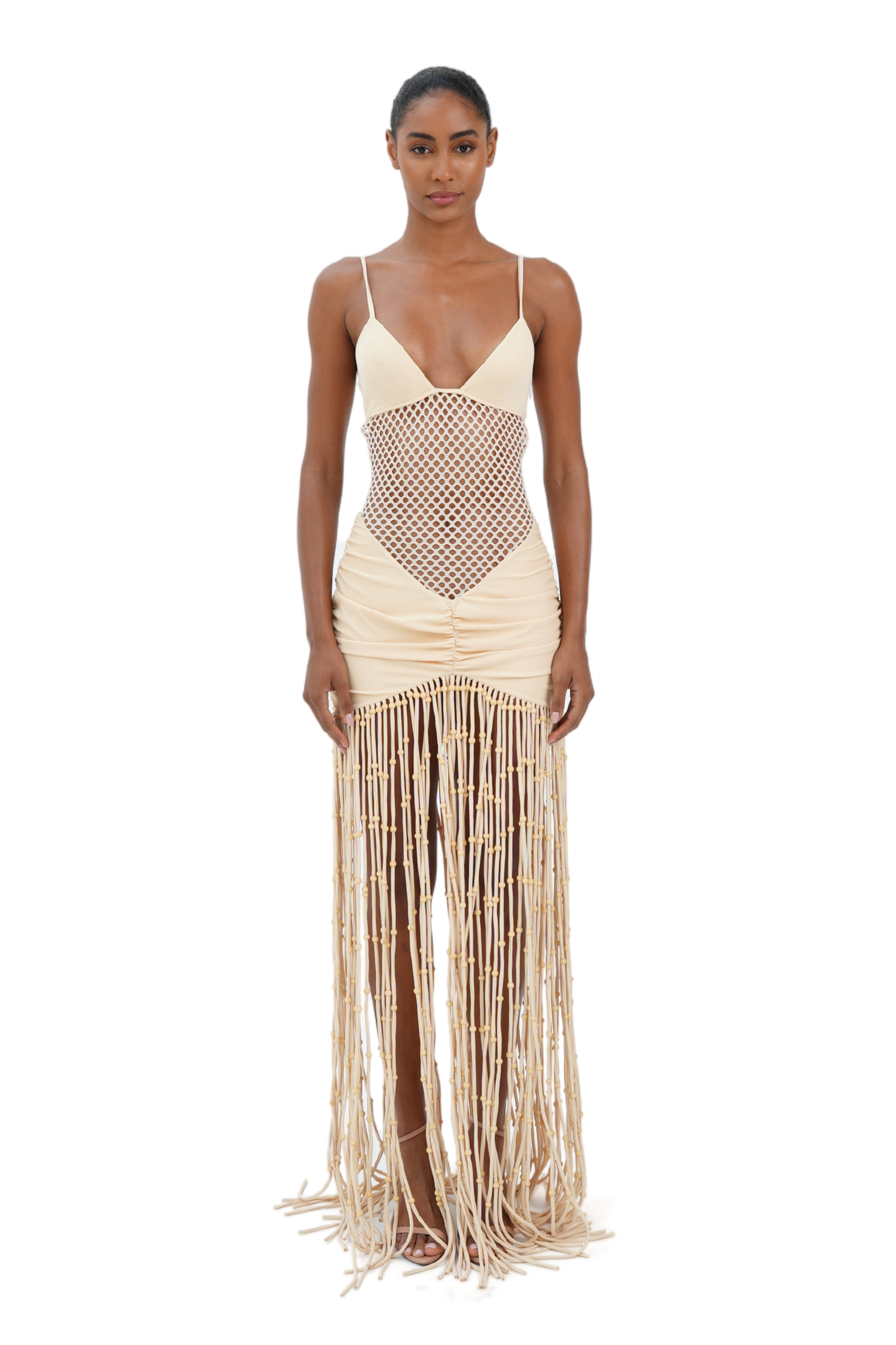 Cream maxi dress with plunging V-neckline and macrame fringe skirt for women