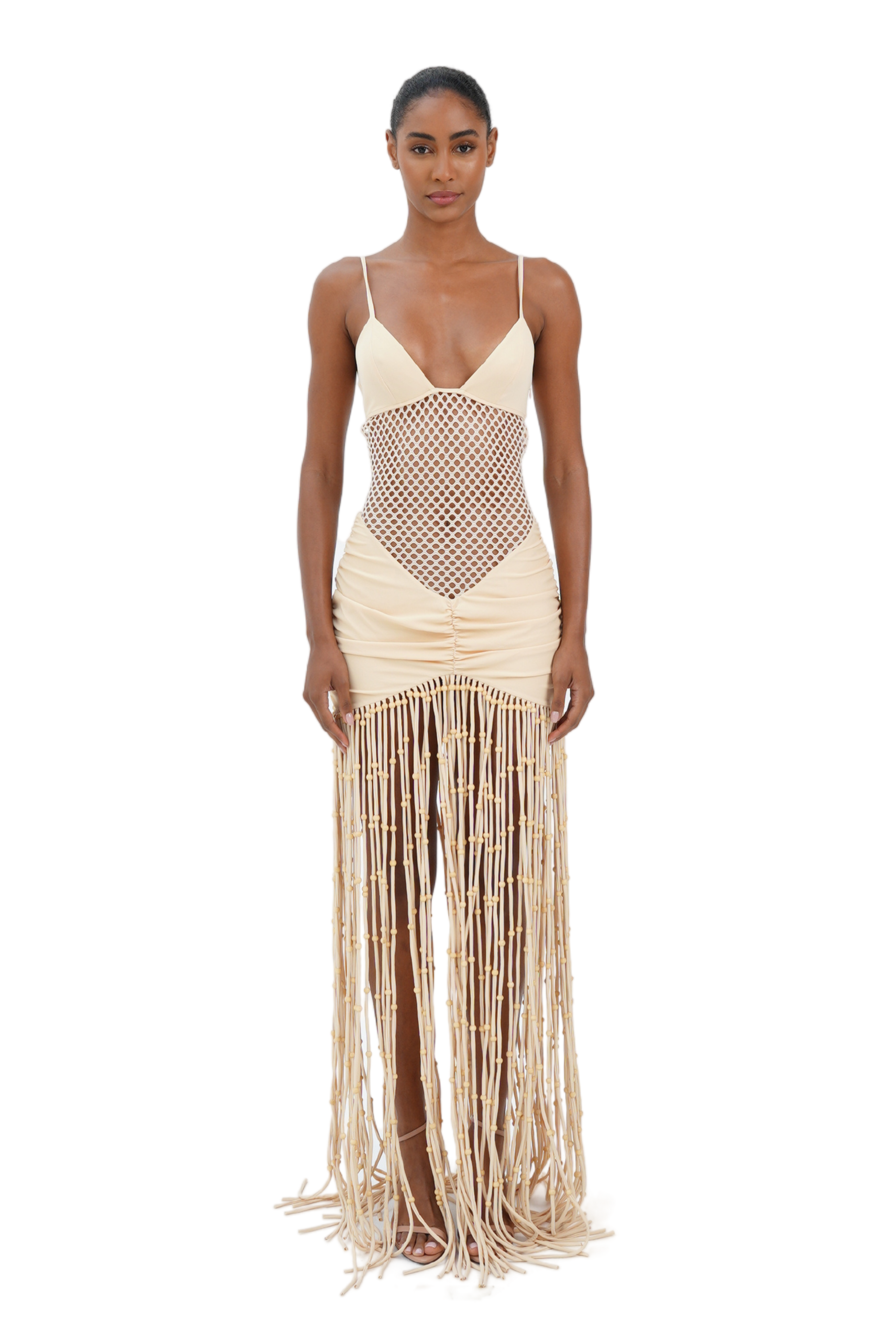 Cream maxi dress with plunging V-neckline and macrame fringe skirt for women