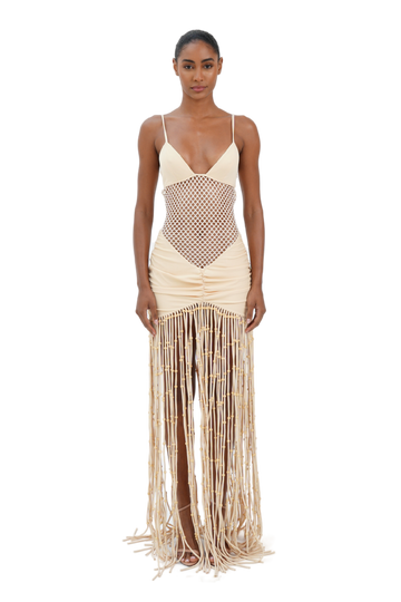 Cream maxi dress with plunging V-neckline and macrame fringe skirt for women