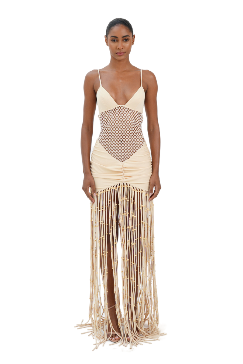 Cream maxi dress with plunging V-neckline and macrame fringe skirt for women
