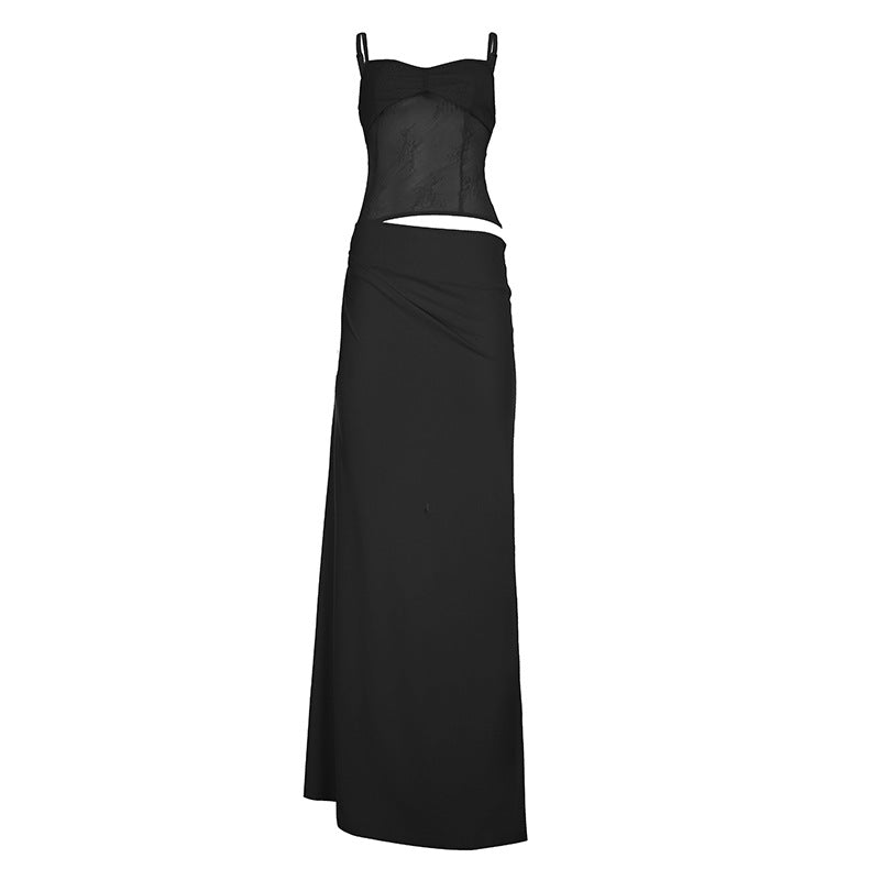 Flat lay of black lace maxi dress, showing the separate lace top and draped skirt pieces