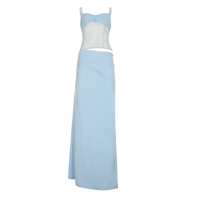 Flat lay of light blue lace maxi dress, showcasing the separate lace top and draped skirt