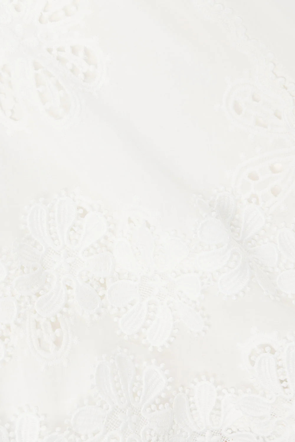 Close-up detail of the white lace scalloped mini dress fabric, revealing the intricate floral embroidery and delicate scalloped lace trim.