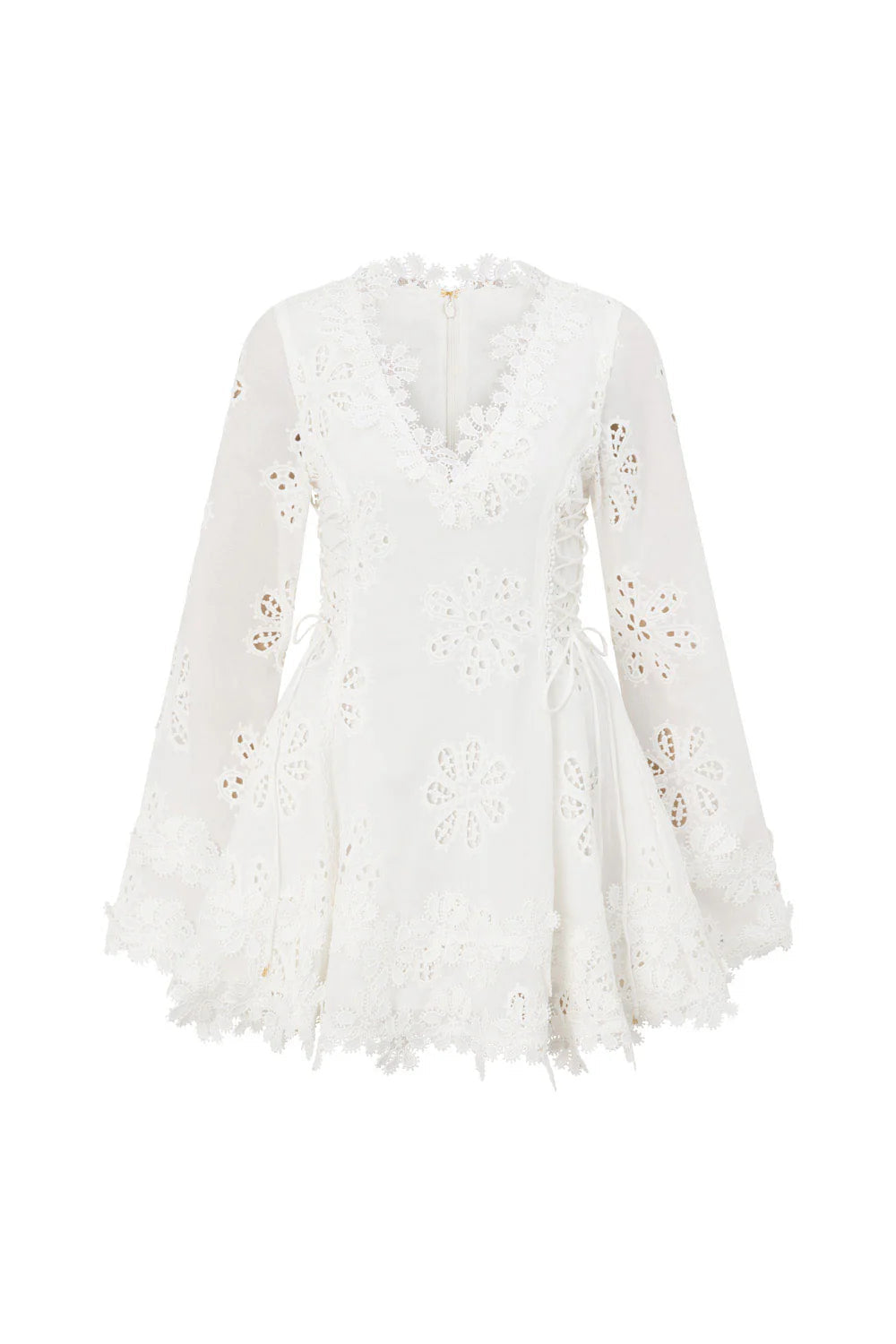 Front flat lay of the white lace scalloped mini dress, displaying the V-neck, long sleeves, and intricate floral cutouts with side lacing.