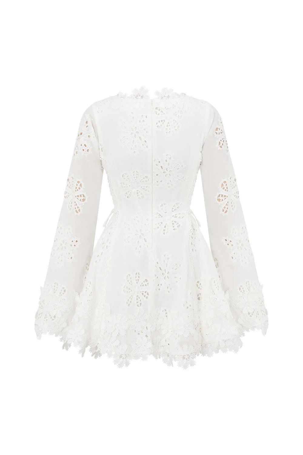 Back flat lay of the white lace scalloped mini dress, showing the full design of the back, long sleeves, and scalloped hem.
