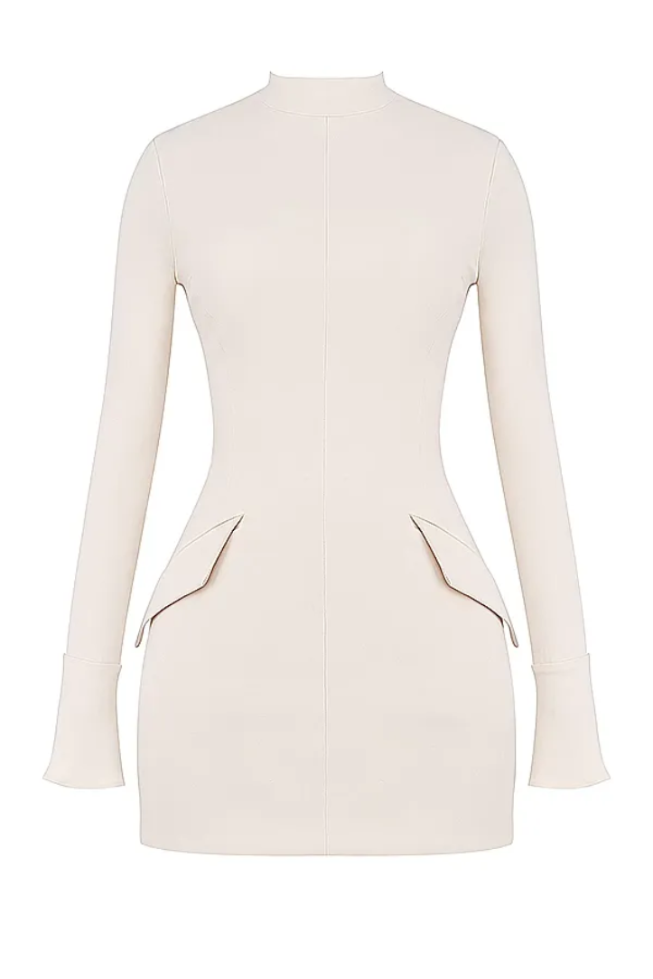 Flat lay of a cream structured mini dress with long sleeves, mock neck, and distinctive angled hip pockets.