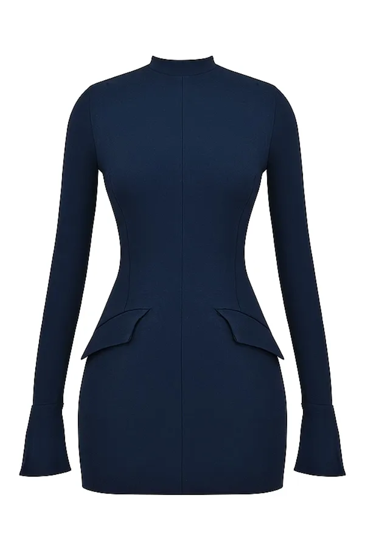 Flat lay of a navy blue structured mini dress, showcasing the mock neck, long sleeves, tailored waist, and two decorative front pockets.