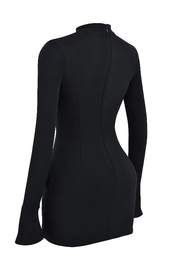 Rear angled view of a black structured mini dress, showing the high neck and flared cuff long sleeves.