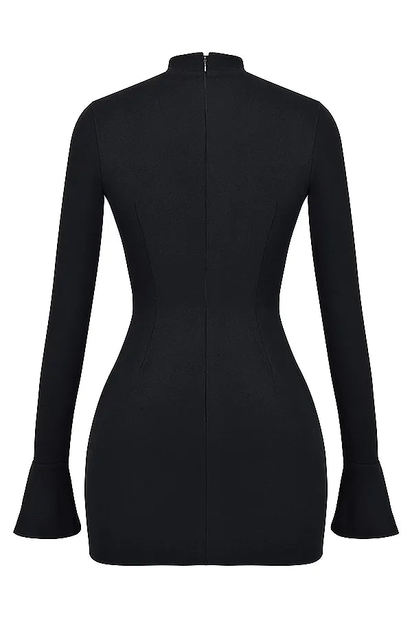 Back view of a black structured mini dress, featuring a high neck, long sleeves with flared cuffs, and a fitted design.