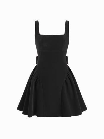 Front view of a Lillie Bow Mini Dress in black, showcasing the square neckline, thick straps, and pleated details on the skirt.