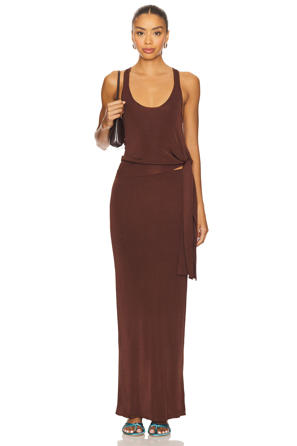 Dark brown scoop neck maxi dress with an integrated wrap tie detail for women