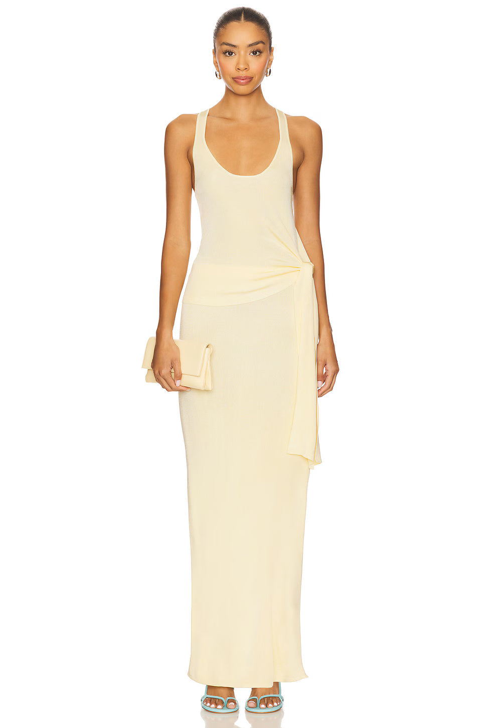 Light yellow scoop neck maxi dress with an integrated wrap tie detail for women