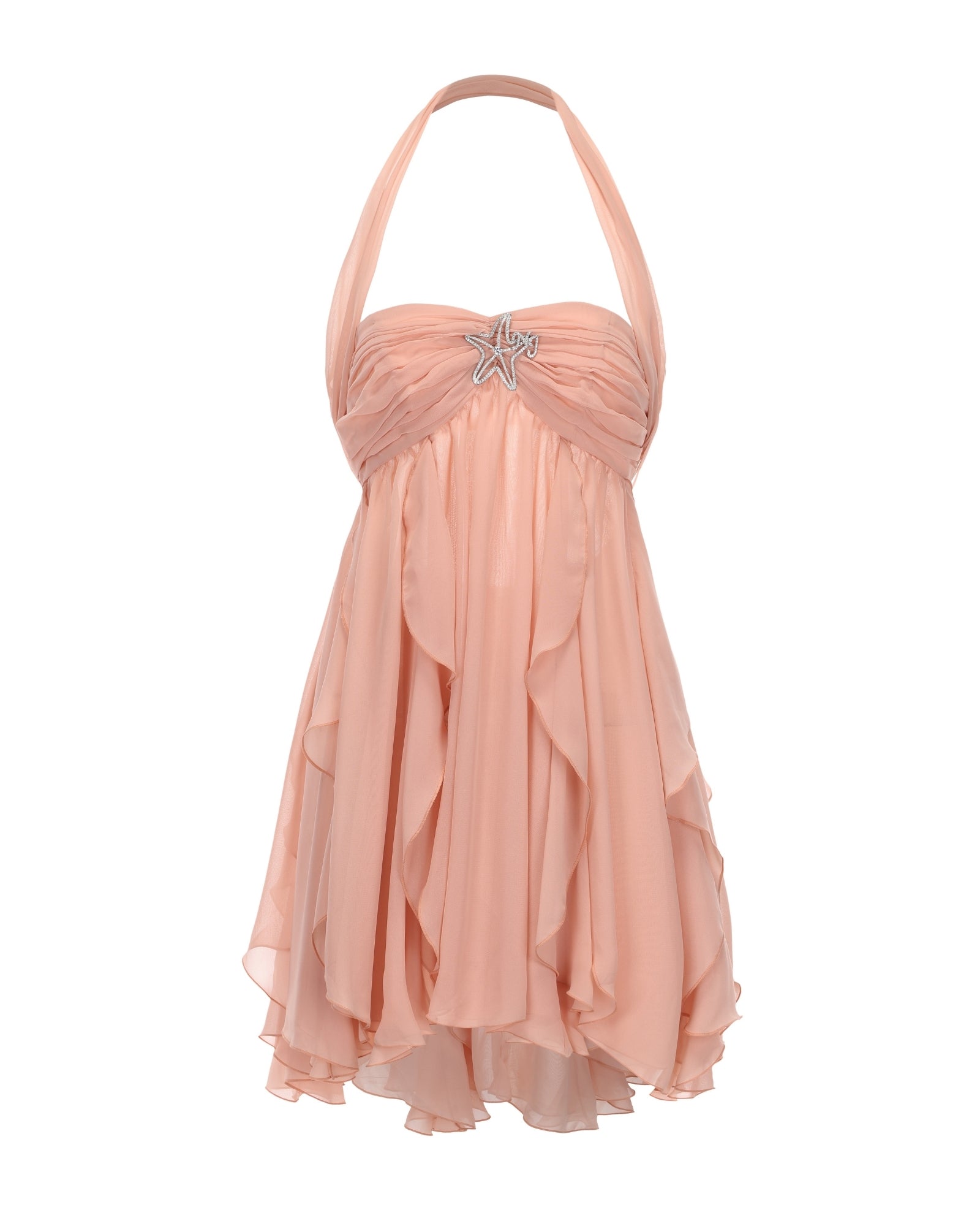Studio shot of the pink Maeve Ruffle Mini Dress with a halter neckline, ruched bodice, and ruffled mini skirt.