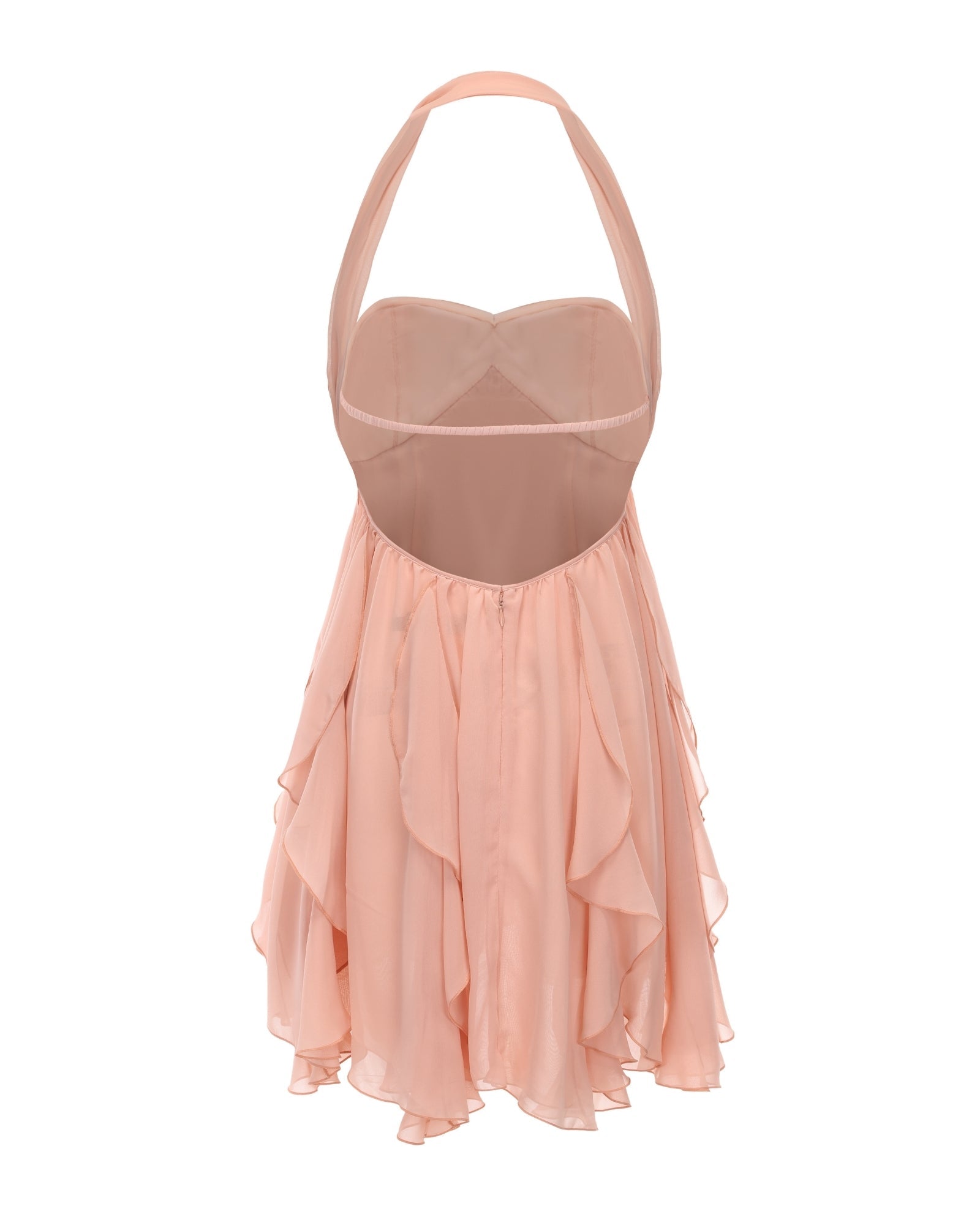Back view of a light peach halter neck mini dress with delicate layered ruffles and an open back design.