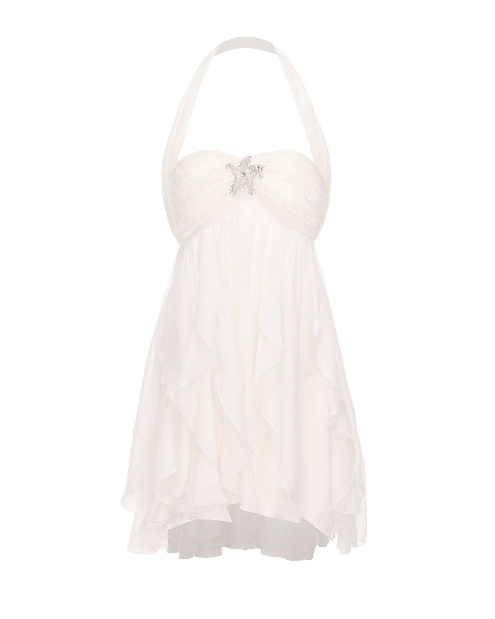 Front view of a white halter neck mini dress with a sweetheart neckline and layered ruffled skirt.