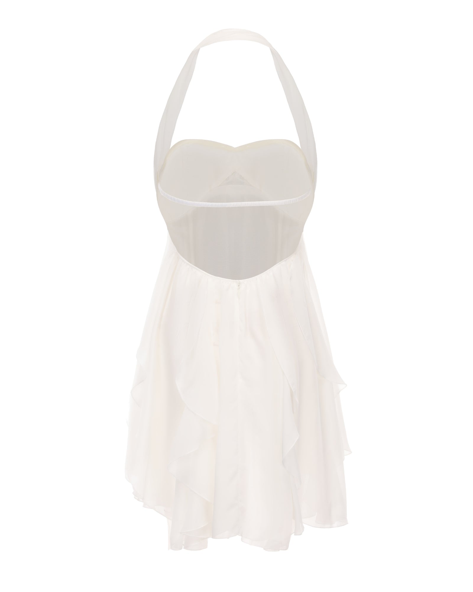 Back view of a white halter neck mini dress featuring a layered ruffled skirt and an open back.