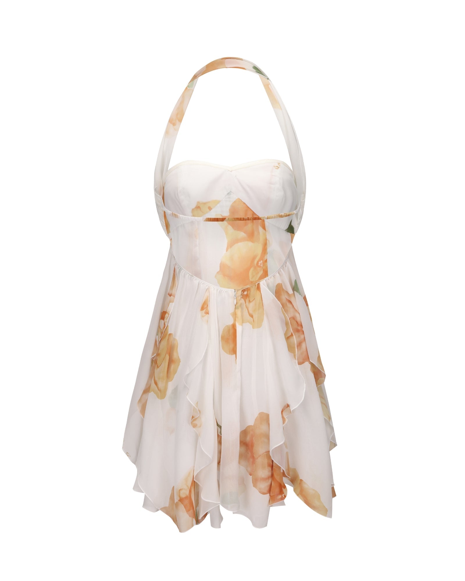 Back view of the white Maeve Ruffle Mini Dress with orange floral print, showcasing the open back and ruffled skirt.