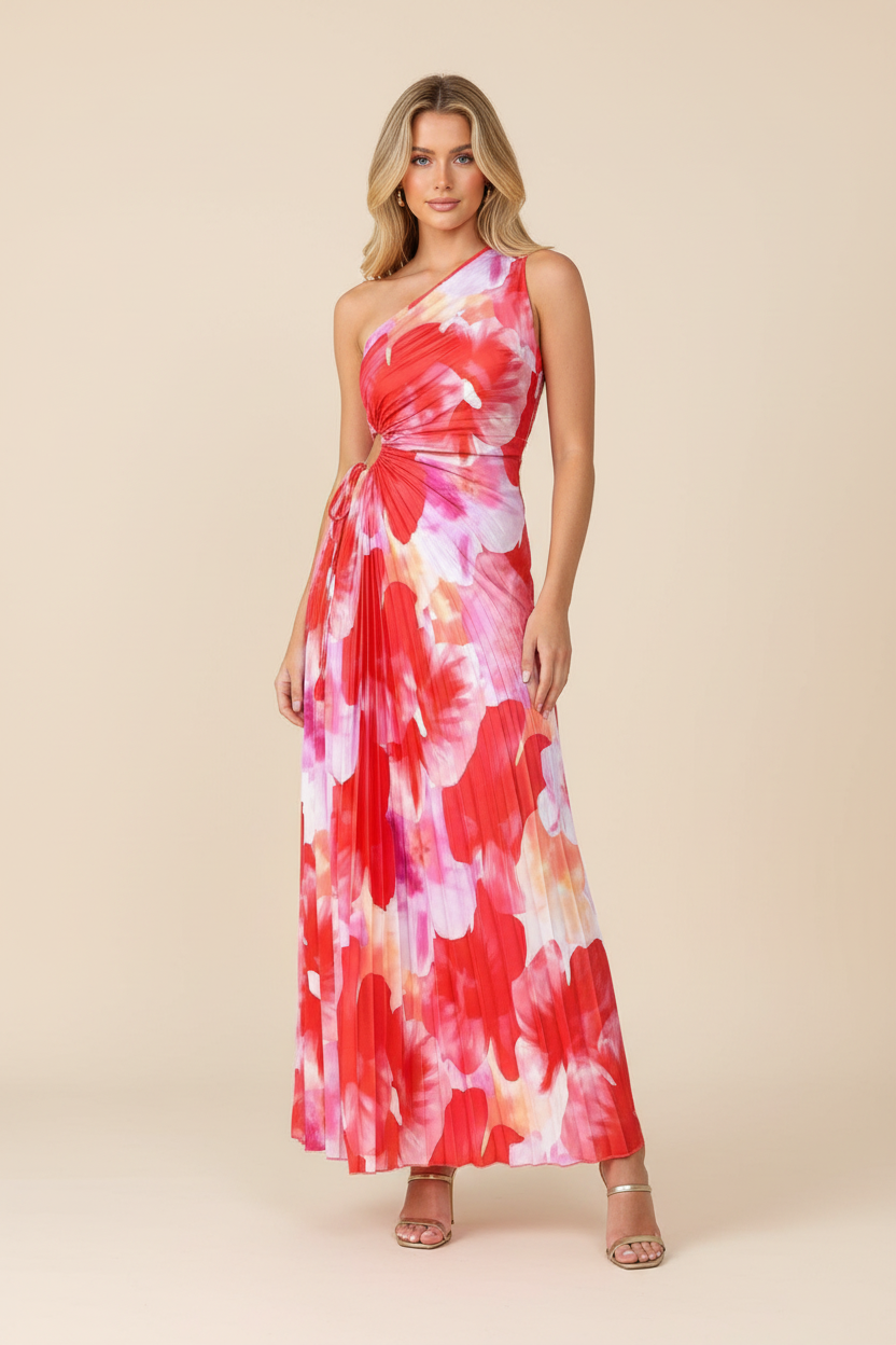 Elegant red and pink abstract floral maxi dress for women, featuring a one-shoulder design and pleats
