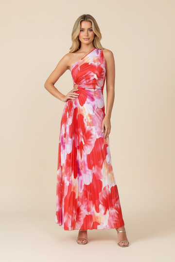 Red, pink, and white abstract printed maxi dress with one-shoulder neckline and side cutout for women