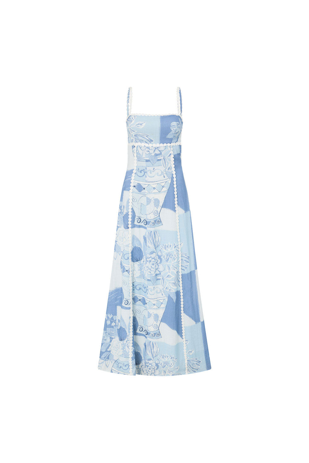 Full front view of a blue and white patchwork maxi dress with lace trims and spaghetti straps for women.