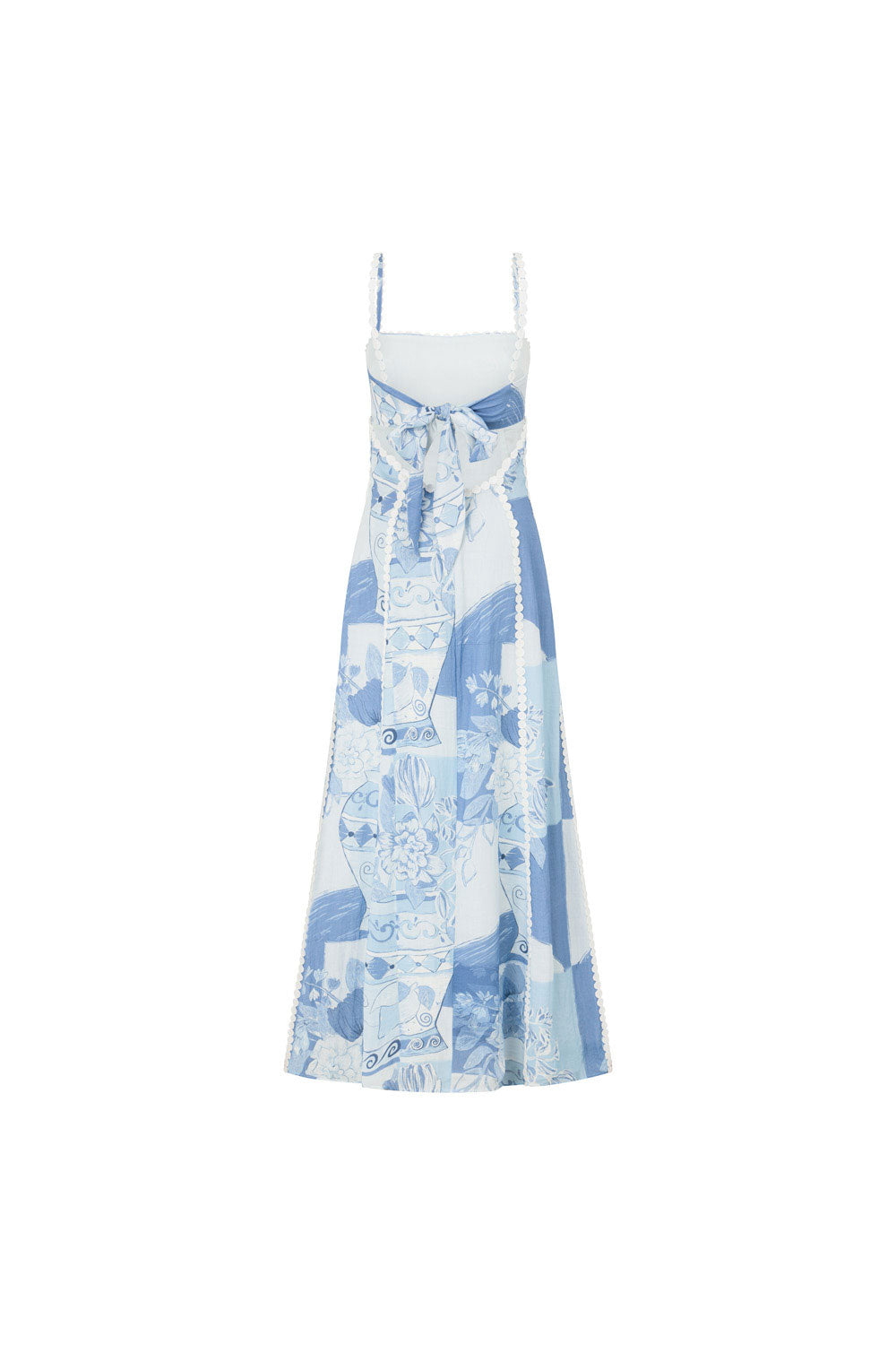 Full back view of a blue and white patchwork maxi dress with a delicate bow and lace trims for women.