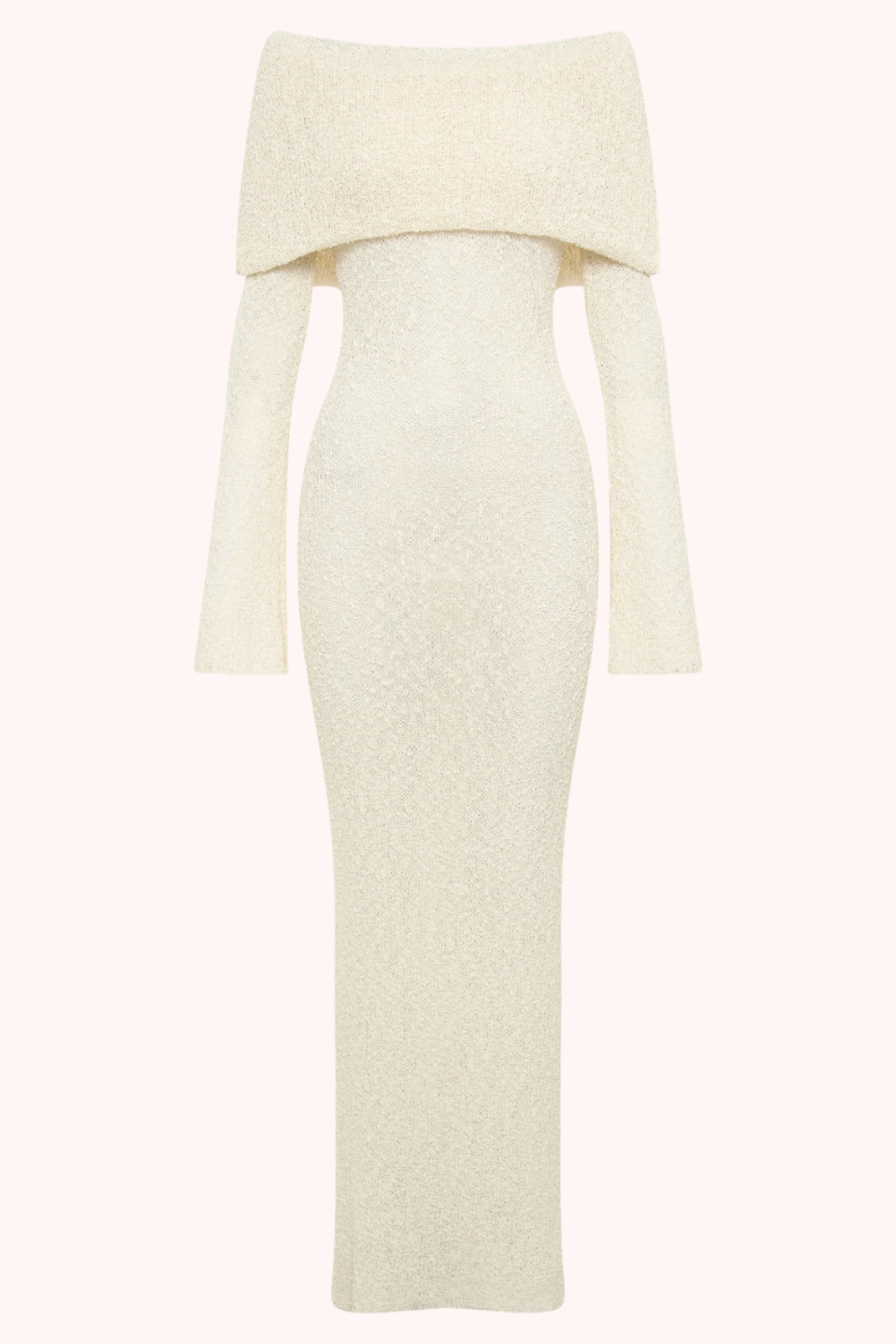 Flat lay of the cream boucle maxi dress, displaying the off-the-shoulder neckline and long sleeves in detail.