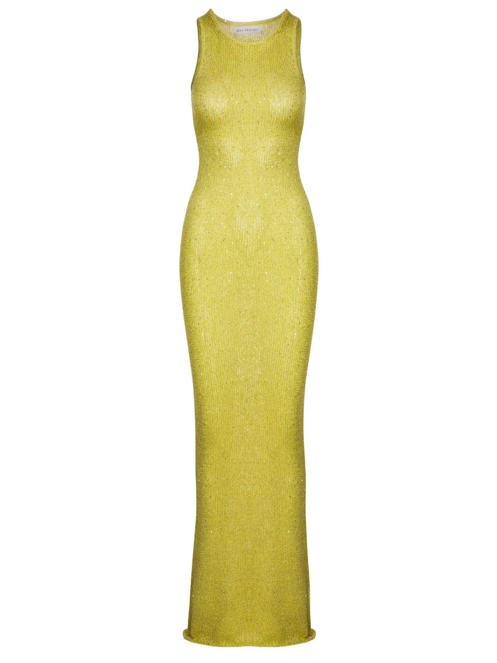 Sleeveless Maya Shimmer Maxi Dress in a vibrant chartreuse color with subtle sparkle, featuring a form-fitting silhouette.