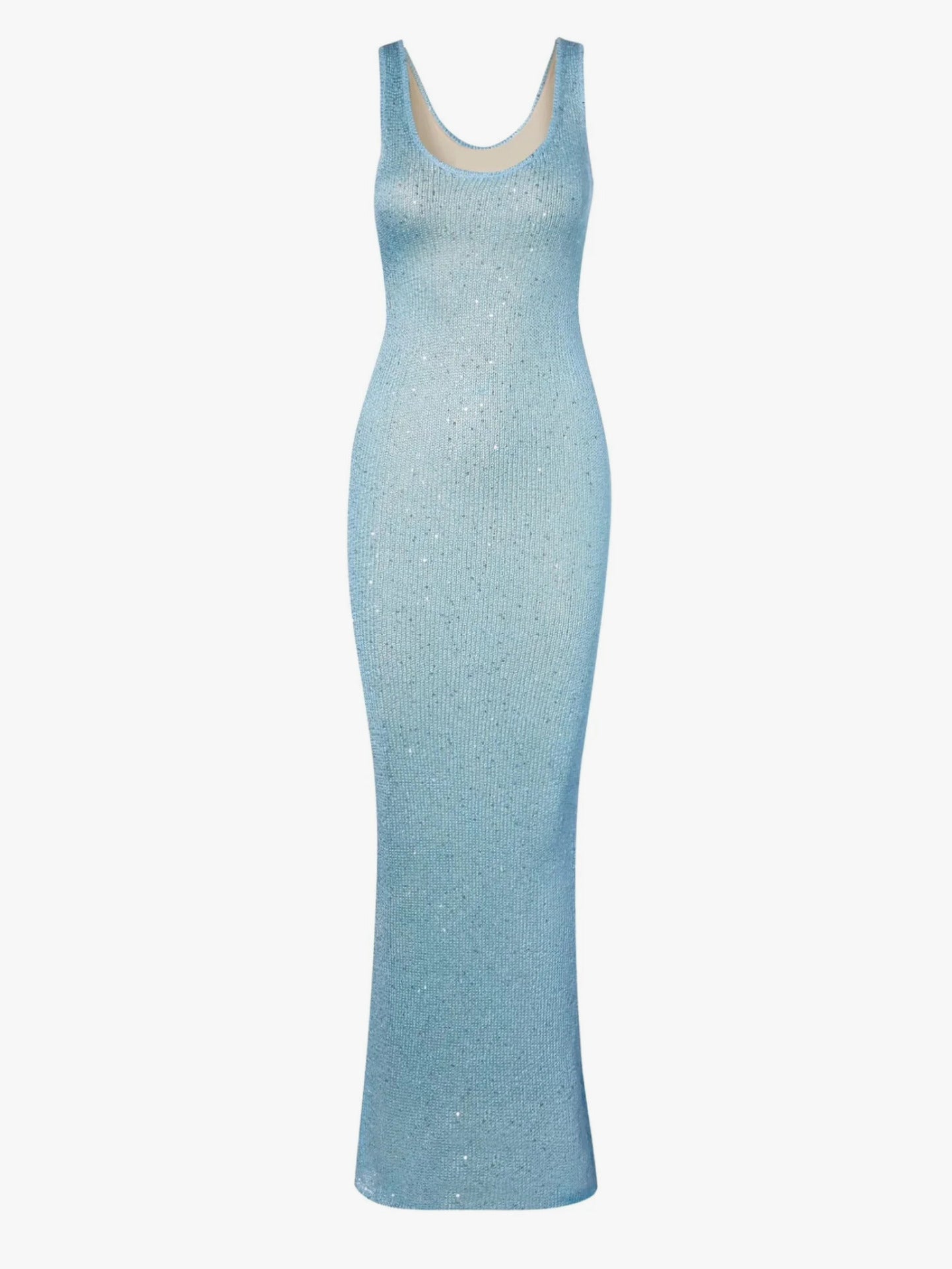 Studio shot of a light blue shimmer maxi dress, featuring a scoop neck and straight, form-fitting cut.