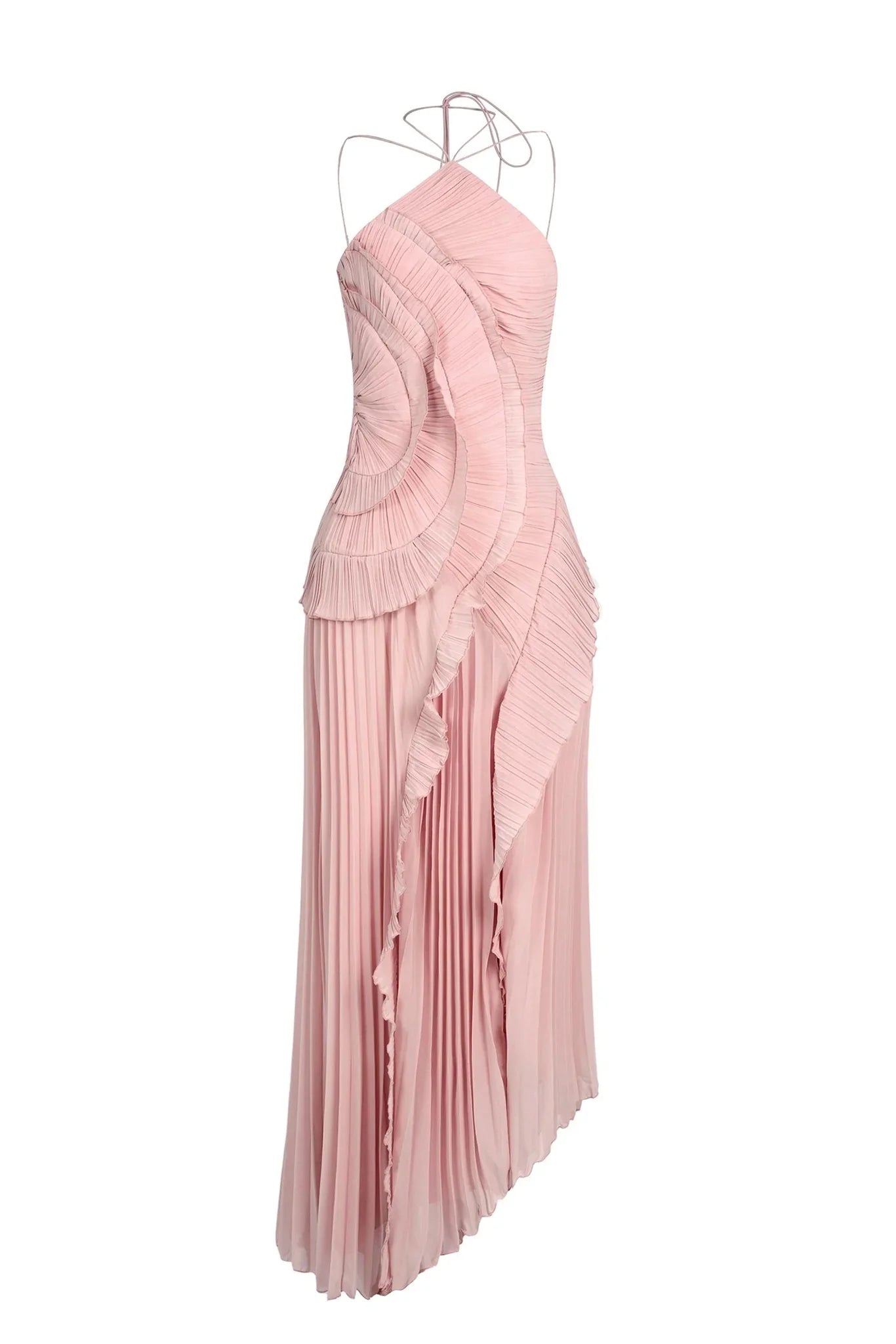 Angled view of the pink Millie Ruffle Midi Dress, displaying the pleated skirt and layered ruffles on the bodice.