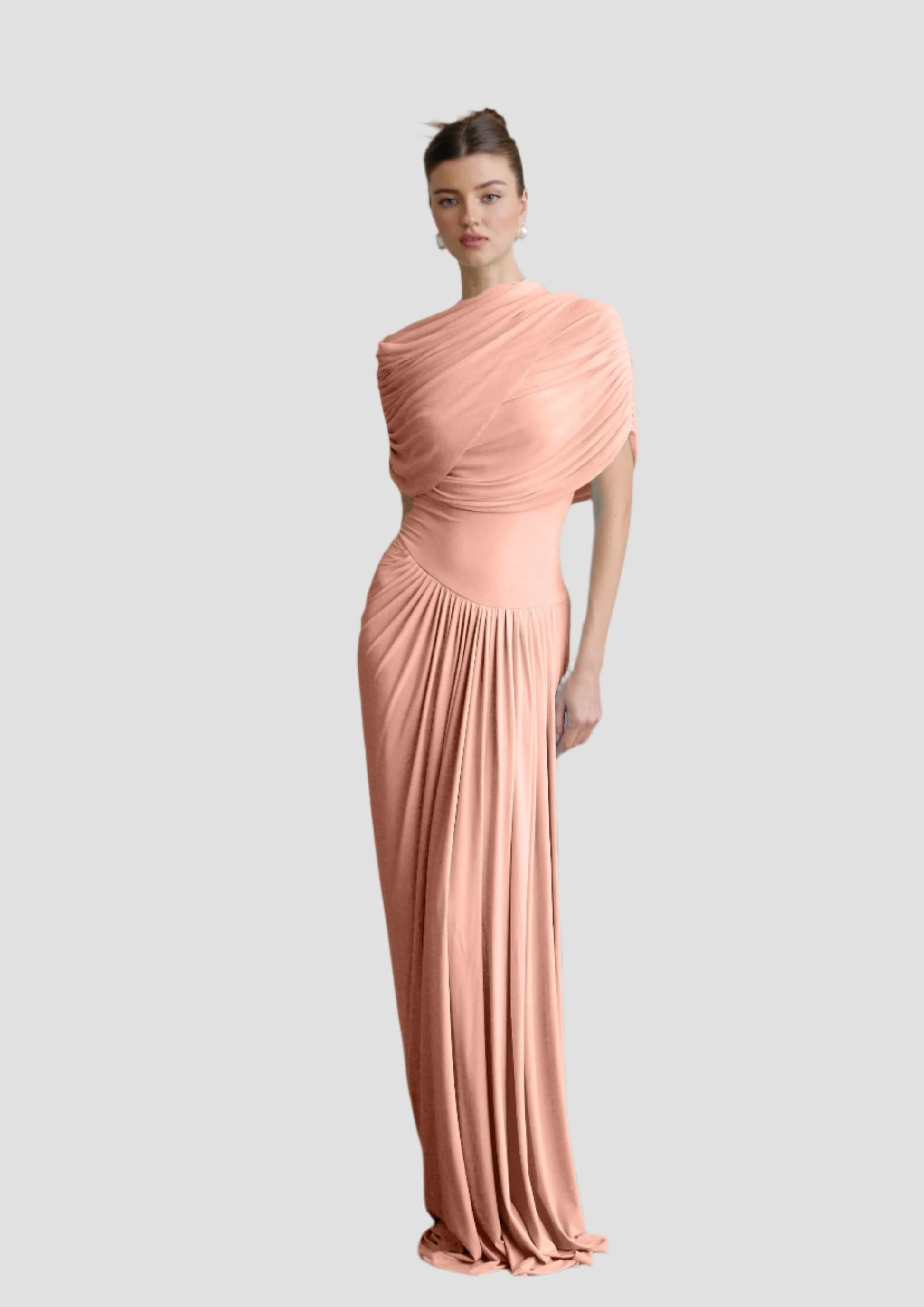 Full-length front view of a peach Mira Draped Maxi Dress, with a high neck and elegant shoulder drapes.