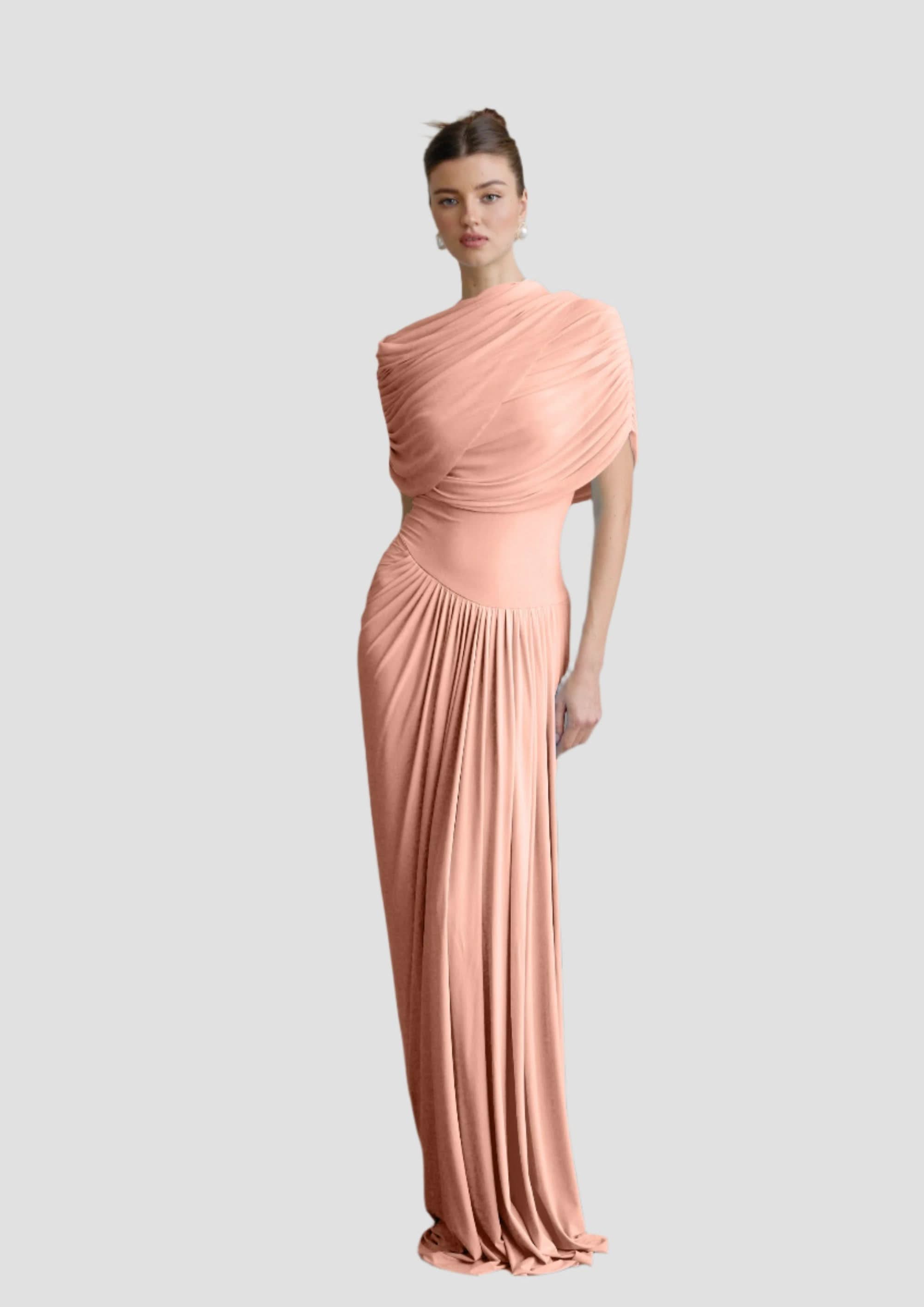 Full-length front view of a peach Mira Draped Maxi Dress, with a high neck and elegant shoulder drapes.